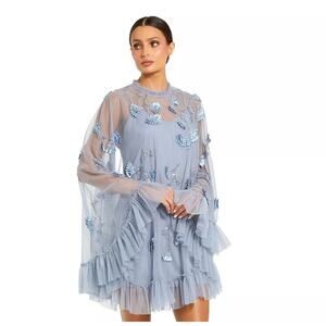 Mac Duggal Women's Blue Embellished Long Sleeve Trapeze Dress Ruffle Hem 2 NWT